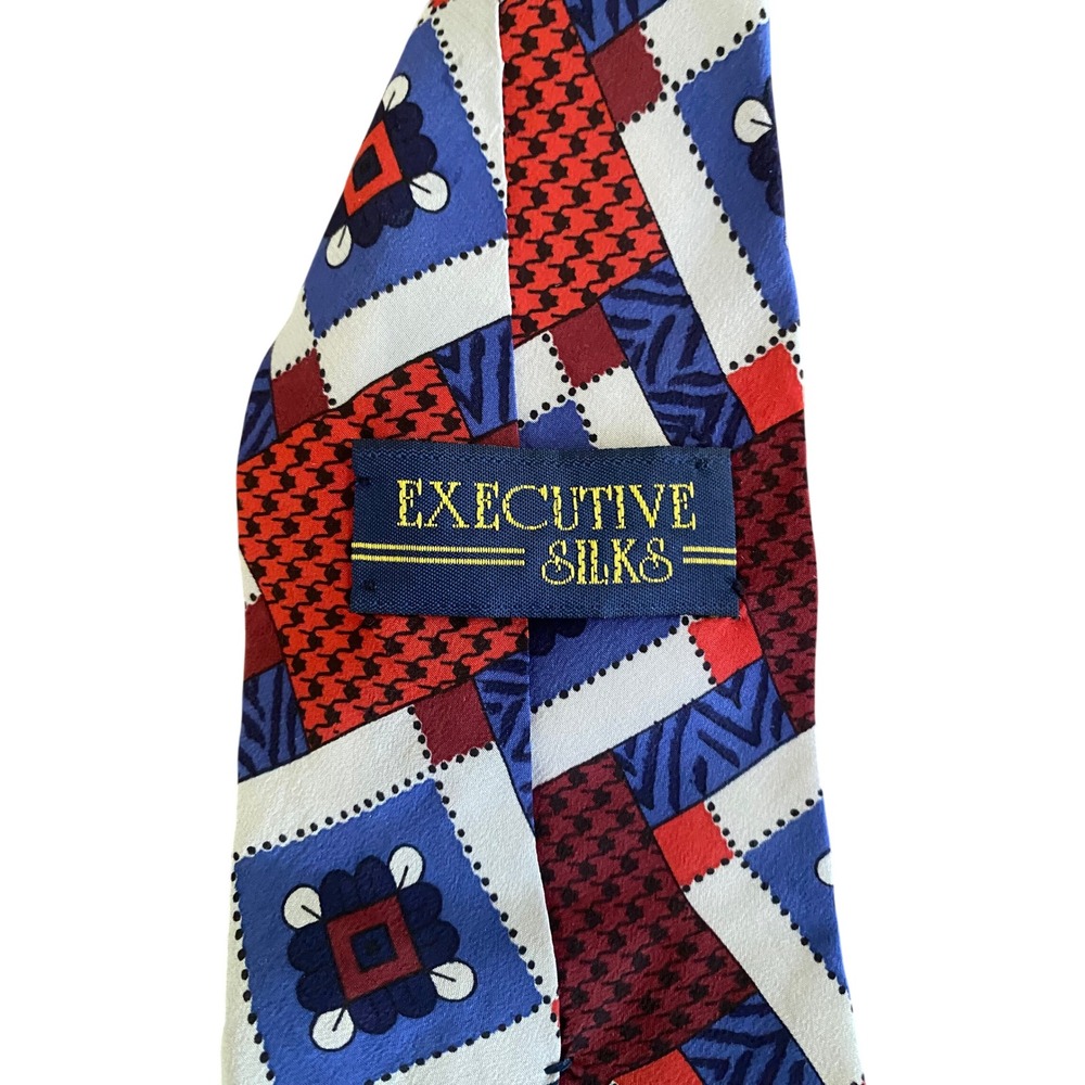 Executive Silks Mens Red Blue Patchwork Geometric Italian Silk Tie Made in USA